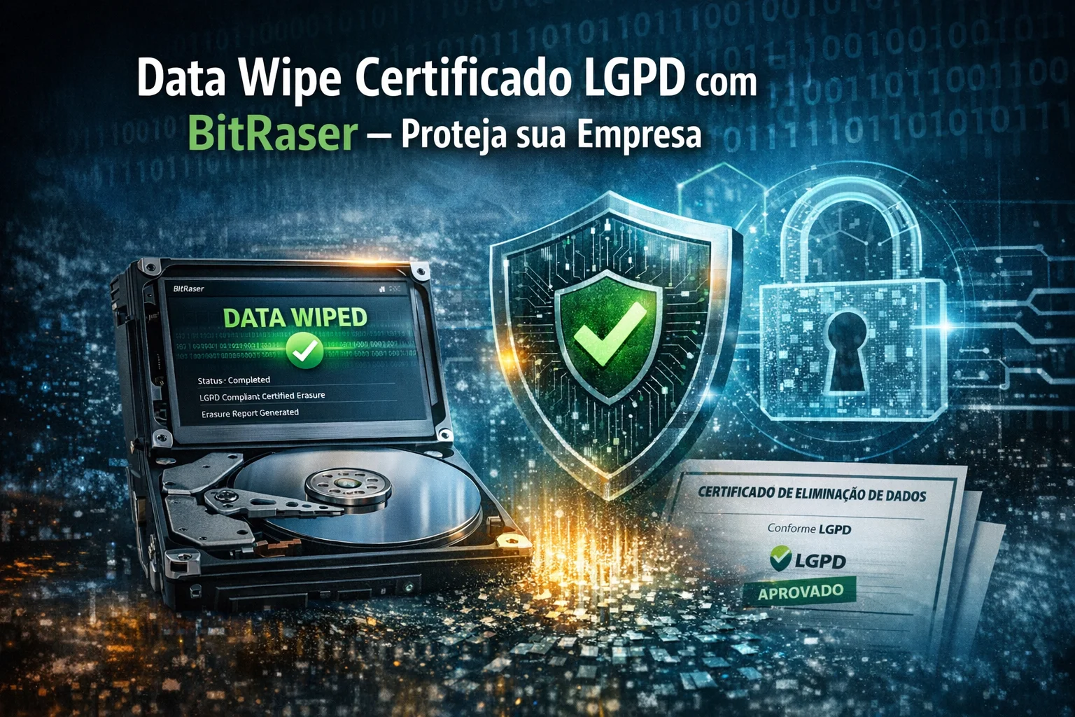 Apagamento definitivo de dados com BitRaser, certificado LGPD e proteção digital para empresas em São Paulo.
